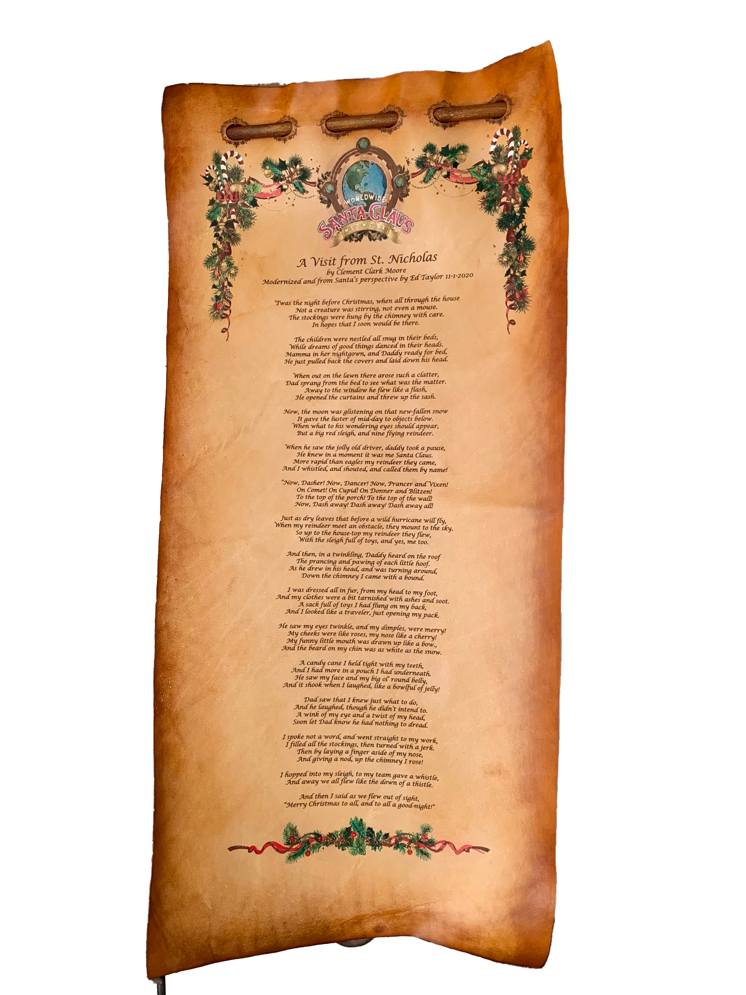 A custom leather scroll with a story and hand-painted and engraved border.