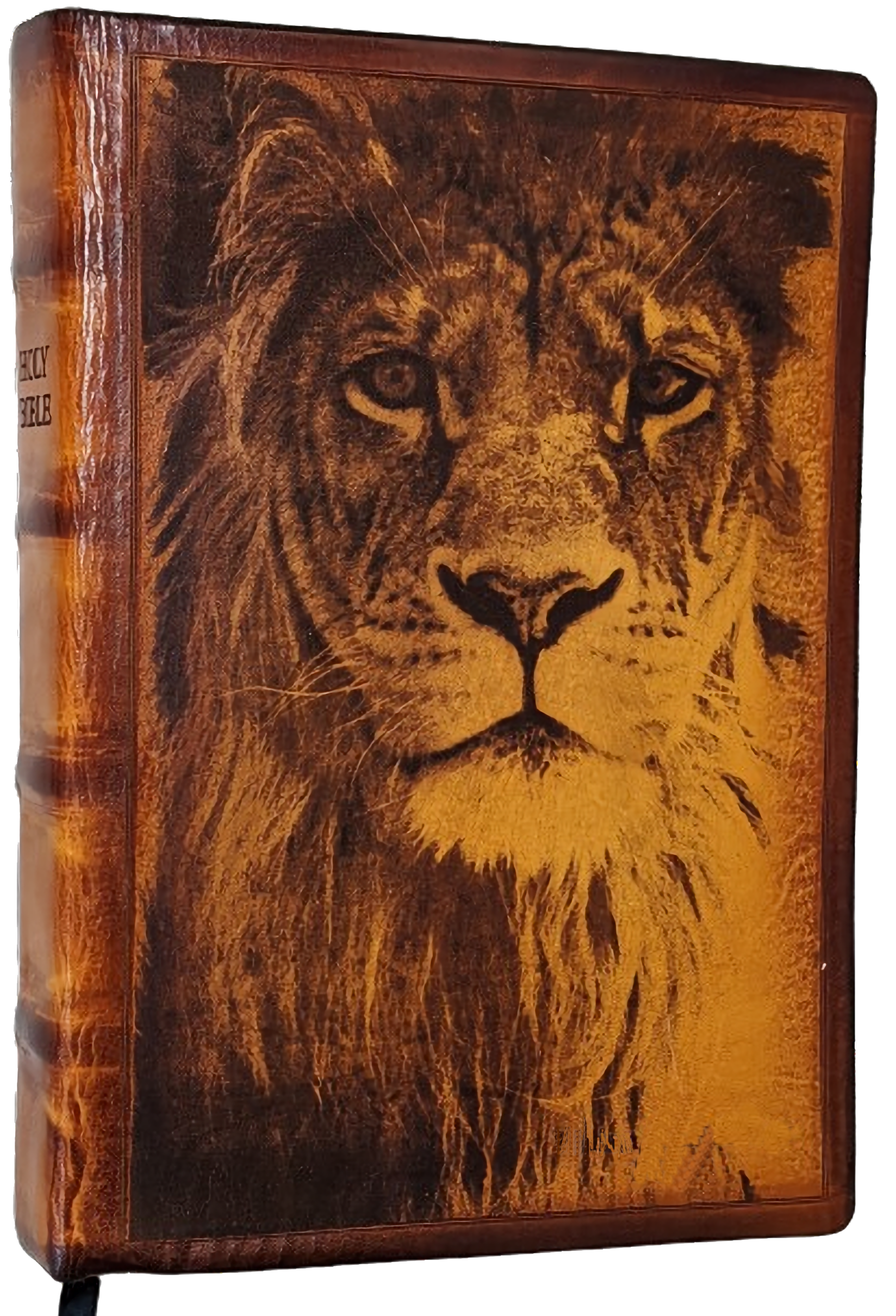 A custom leather bound bible with a lion image, created from a photo with custom engraving.